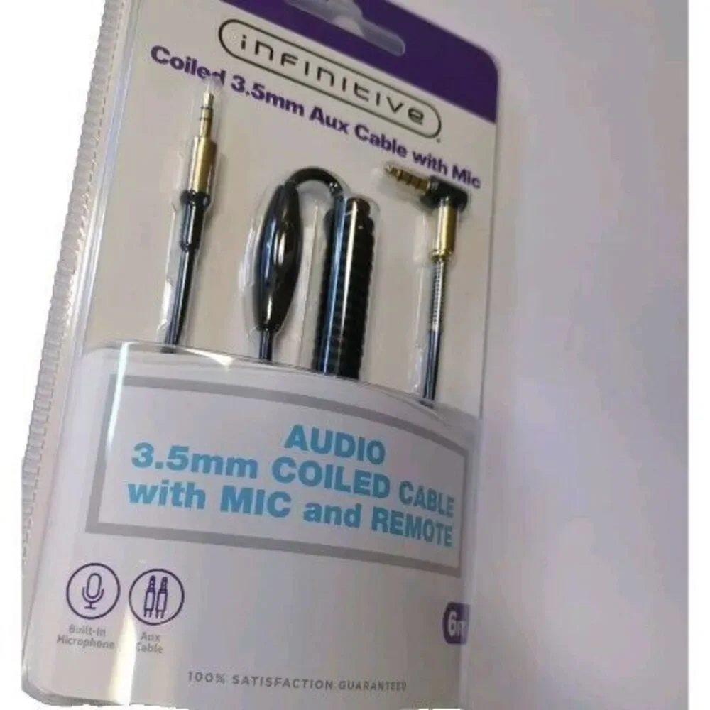 New Infinitive Coiled 3.5 mm Aux Cable with Mic and Remote New 6ft. Sealed NIP